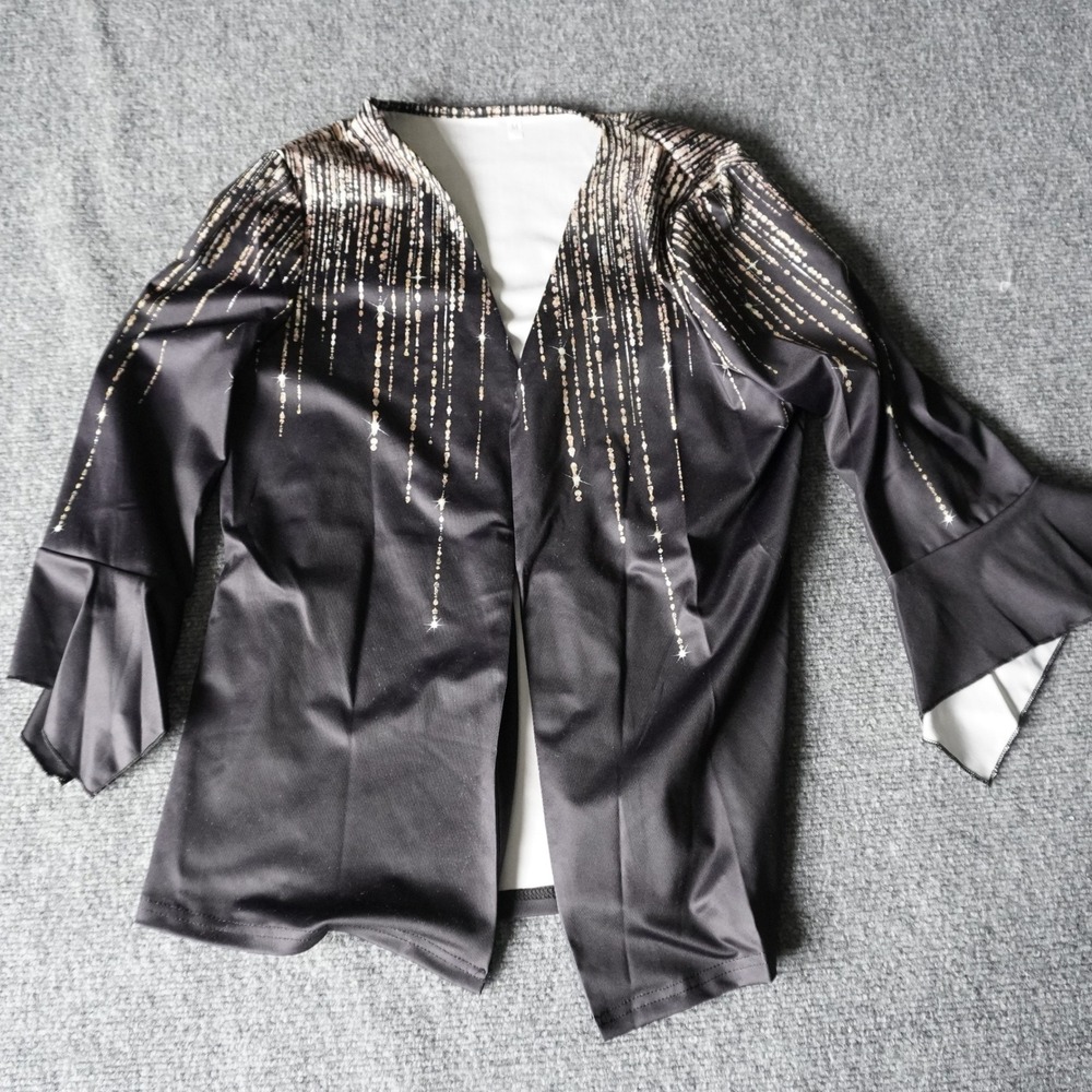 Black‎ Gold Sparkle Shimmer Kimono Jacket Open Front Bell Sleeve M